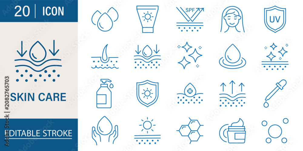 Naklejka premium Skin care icon set. Out line icon of moisture, cooling, shielding evaporation, elasticity, hydration, absorption, repair, and protection indicates .Vector illustration.