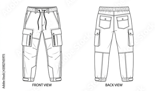 Athletic utility cargo pants technical flat drawing vector fashion apparel sketch