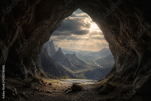 Bild auf Leinwand Cave entrance with a regular shape, wind blowing through, dramatic landscape lighting