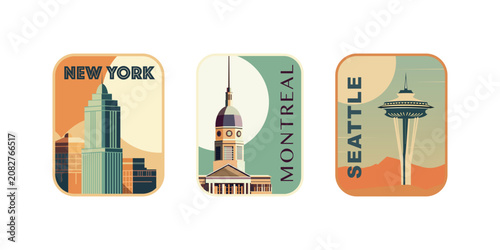 America badges stamps pack with New York, Montreal, and Seattle landmarks vector illustrations. Minimalist vintage travel icon set featuring iconic buildings
