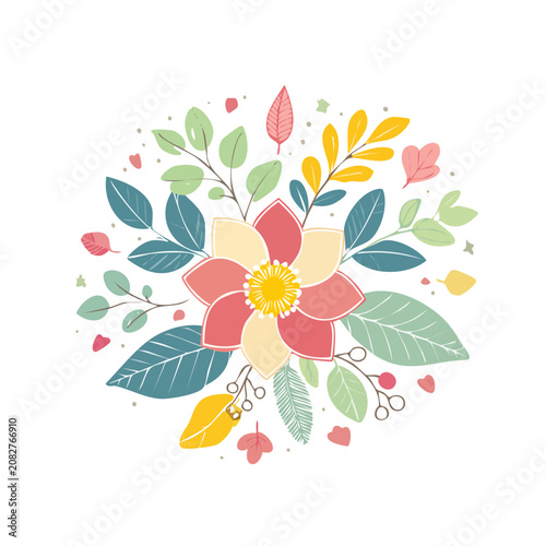 Colorful flat illustration of a flower bouquet with leaves and berries