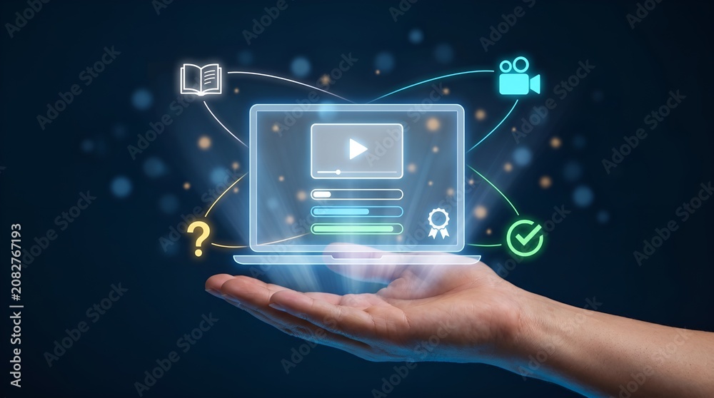 Fototapeta premium E-learning digital education concept, hand holding glowing laptop with online course icons, virtual training and distance learning technology