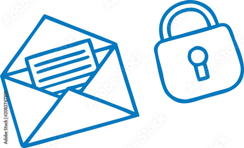 Blue vector illustration of a secure email envelope and a metal padlock for digital communication