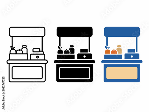 Minimalistic fruit stall icons: black, blue, and outline variations