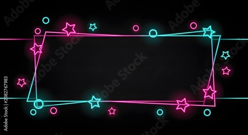 Neon glowing frame with stars and circles, vibrant pink and cyan light border on black background, futuristic geometric banner for digital signage