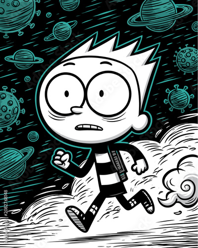 Cartoon Boy Running Through Outer Space With Planets and Teal Abstract Vector Line Art