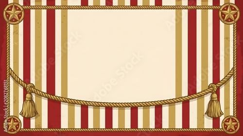 Vintage circus background with red and gold stripes, western rope frame with tassels and stars, carnival invitation border template