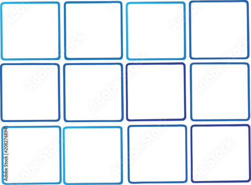 Twelve blue square frames arranged in a grid pattern for this modern flat vector graphic illustration
