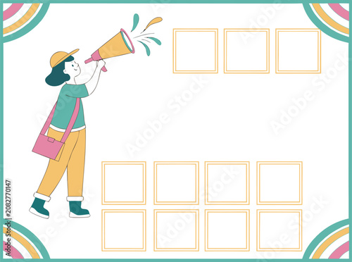 Young girl holding a yellow megaphone for announcements in this colorful flat vector graphic illustration design