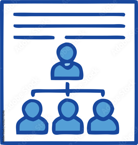 Blue vector graphic illustration showing a professional organizational chart with hierarchical structure and team management layout