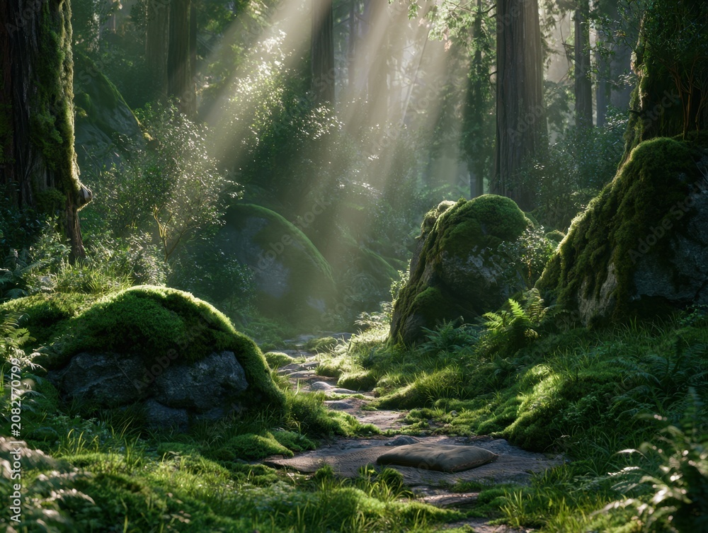 Obraz premium Sunlight filter through tall trees and lush mossy forest landscape path