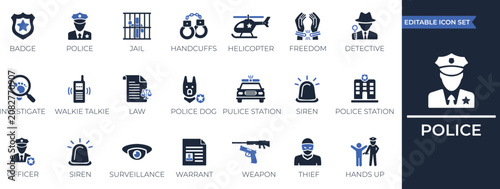 Foto Police solid icon set: badges, officer, detective, legal, security, law enforcement, monitoring, authority, investigation vector icons collection