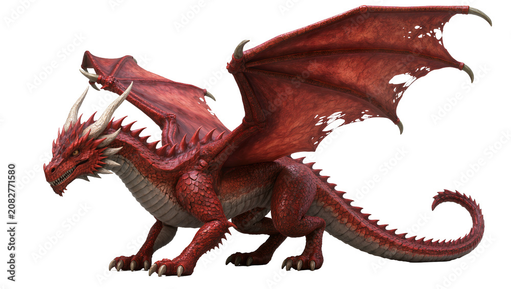 Fototapeta premium Red dragon with large leathery wings and sharp horns