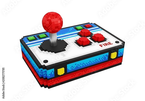 Retro pixel art arcade joystick, 8-bit vintage video game controller, voxel style gaming peripheral with red fire buttons on white background