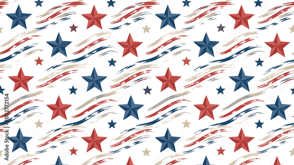 Fototapeta premium Vibrant 4th of July seamless pattern with red, white, and blue stars and stripes on a white background for Day USA
