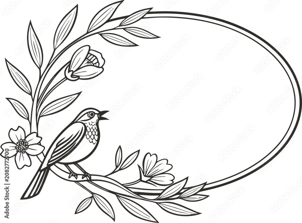 Fototapeta premium Elegant oval floral frame vector illustration featuring a singing bird perched upon a blooming branch