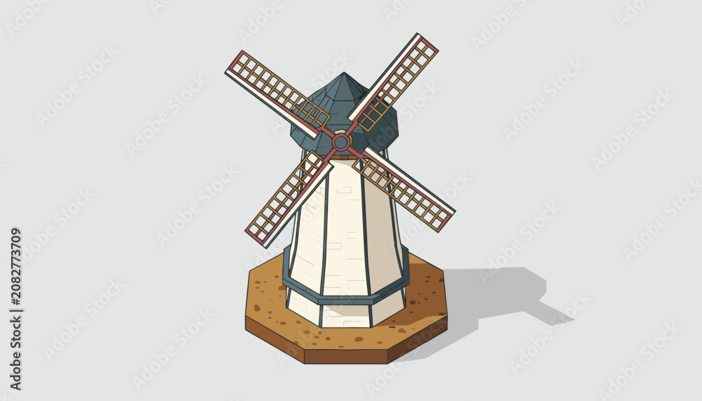 Obraz premium Traditional European windmill with wooden blades on an octagonal stone base shown in isometric projection.