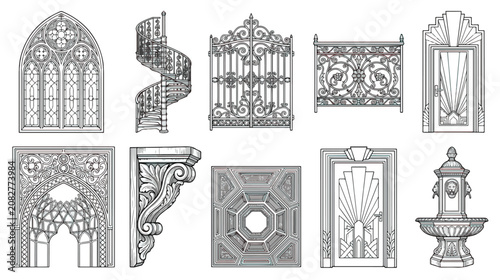 Tableau sur toile Vintage architectural elements set, ornate gothic window and art deco door vecto