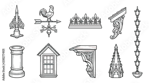 Принти на полотні Vintage architectural roof elements vector set, Victorian house exterior details