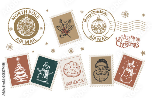 Vintage christmas postage stamp set featuring hand drawn santa claus, holly, christmas trees, and snowmen with north pole air mail postmarks for holiday correspondence