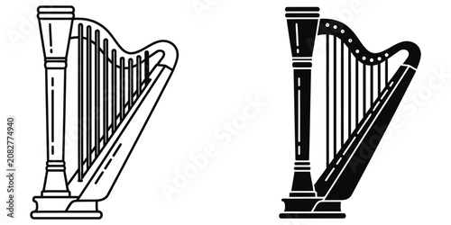 Foto Elegant harp outline and silhouette on a white background for musical concepts