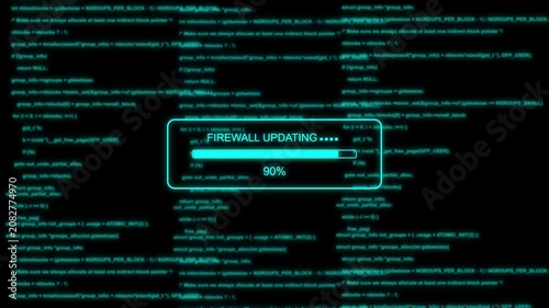 Futuristic Firewall Updating Progress Bar Animation at 0 to 100 Percent with Digital Code Background