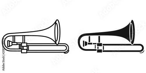 Bild auf Leinwand Outline and solid silhouette of a trombone on a white background for graphic des