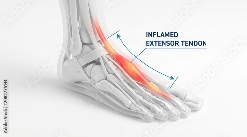 Anatomical Illustration of an Inflamed Extensor Tendon in the Human Foot, Medical Science and Health Education