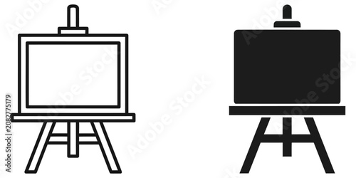 Easel with blank canvas in simple outline and solid silhouette styles on white background