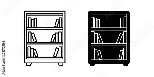 Bookcase with books in outline and solid black silhouette on white background for design