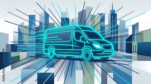 Dynamic Blue Neon Van Illustration in a Stylized Cityscape with Light Streaks