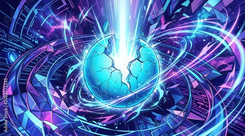 Explosion of Cosmic Energy from Cracked Blue Sphere Amidst Digital Galaxy and Geometric Structures