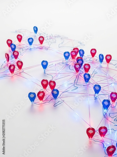 Global Network Connections Visualized with Glowing Map Pins and Interconnected Lines, Conceptual Representation of Data Flow and Logistics