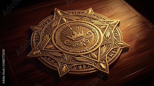 Ornate Golden Emblem with Crown Motif and Ancient Runes on Dark Wood Surface
