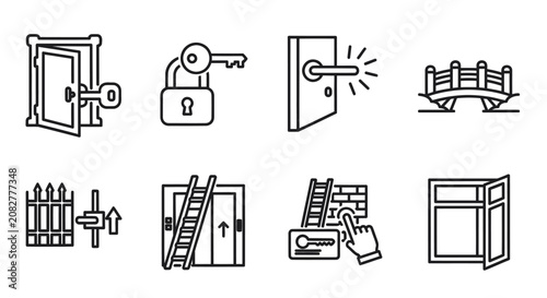 Minimalist home architecture and accessibility line icons.