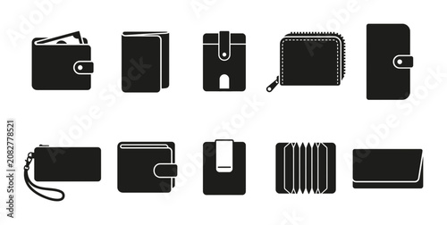 Collection of ten black wallet icons displaying various styles of classic leather pouches and folding money accessories for financial organization