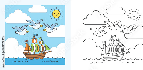 Cute cartoon sailing ship with seagulls and smiling sun vector illustration and coloring book page for kids, sailboat on ocean waves activity worksheet.