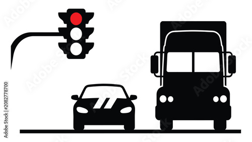 Bild auf Leinwand Traffic light shows a red signal while a car and a commercial truck wait at the intersection