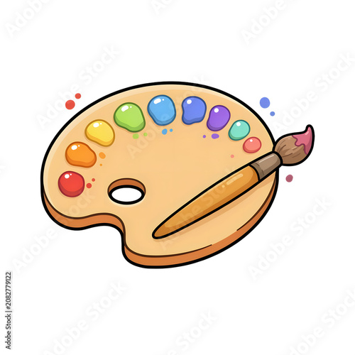 Colorful cartoon paint palette with brush isolated on transparent background