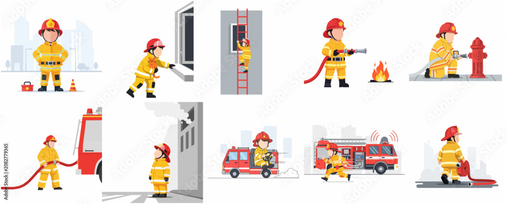 Fototapeta premium Vector set of firefighter character illustrations in various emergency and rescue scenes