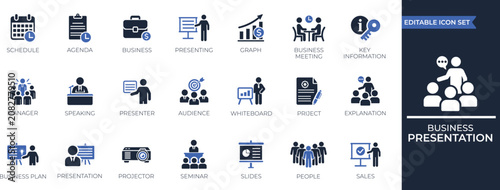 Fotografie Business presentation solid icon set for seminar, sales pitch, keynote, meeting, whiteboard, conference, agenda, slides, and speaker icons collection