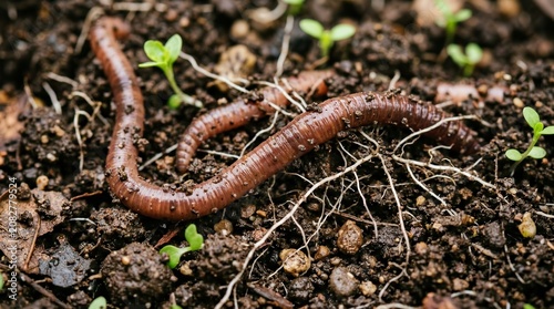 Earthworms vitalizing soil with plant roots and green sprouts in dark earth.
