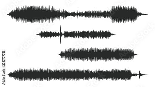 Billede på lærred Audio waveforms show four distinct sound signal patterns stacked vertically for professional audio editing and analysis