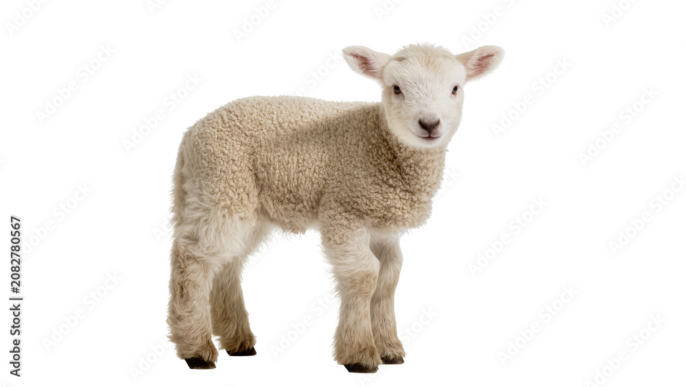 Obraz premium Young fluffy lamb standing on white