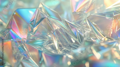 Abstract holographic crystal facets with iridescent light refractions, representing a secure digital mesh network.