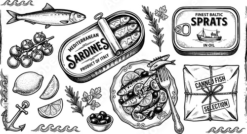 Sardines. Canned fish. Retro hand drawn marine food, Italian seafood, Mediterranean sardines with vegetables, tomato, lemon. Sprats in package, tin, plate. Vector set