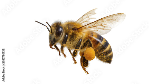 Honey bee with pollen basket on leg flying