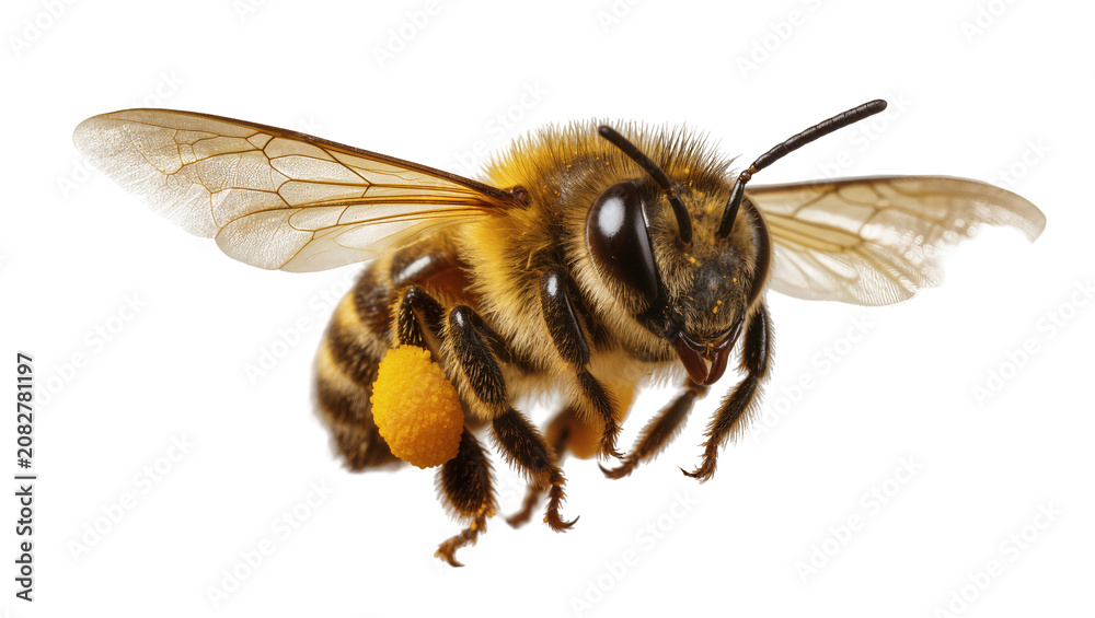 Obraz premium Honey bee with pollen sac on leg flying