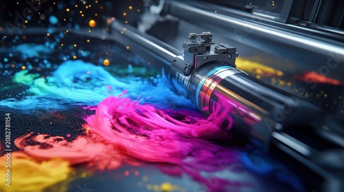 Dynamic offset printing press with vibrant ink transitions and synchronized industrial movement, showcasing colorful production