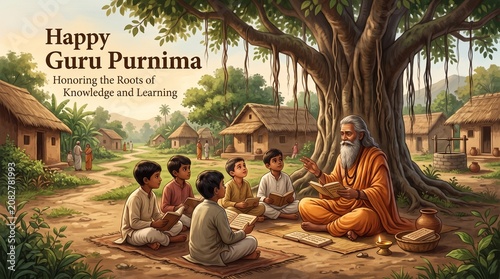 Guru purnima celebration with students learning from a wise old guru in a traditional indian village setting at sunset. 